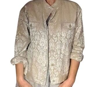 Bill Blass Jeans Damask Jacket‎ Button Front Collared Beige Baroque Pattern M